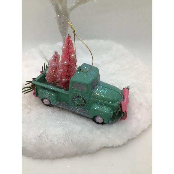 Farmhouse Truck Christmas Ornament -Green Pink Bottle Brush Trees Hand Decorated - Picture 10 of 11